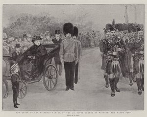 De Koningin bij de Verjaardagsparade van de 2e Scots Guards in Windsor, de Mars door William Small
